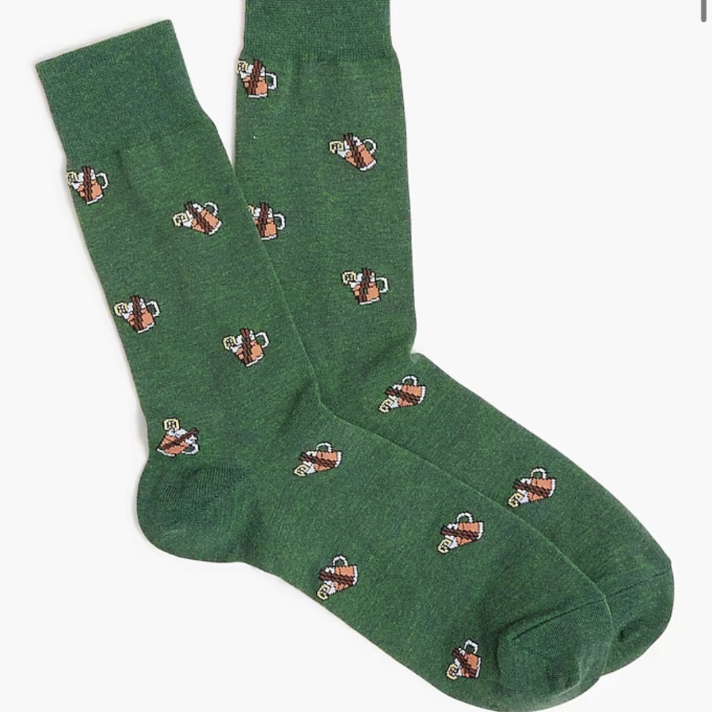 J.Crew Hot Toddy Trouser Sock Men’s One Size Hthr Green Drinks Celebratory NWT
